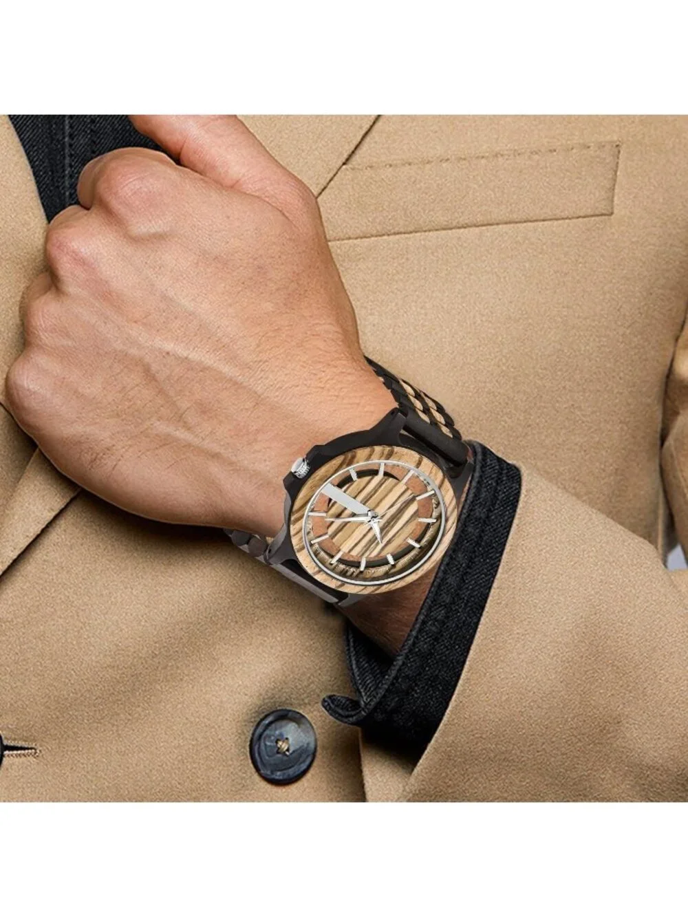 Men's Black Brown Classic Handmade Round Bamboo Analog Date Quartz Wooden Watch